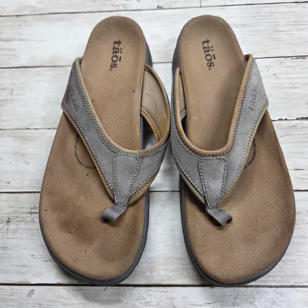 Taos Aura Thong Sandal Flip Flop Womens 11 Grey Tan Leather Comfort AUR-13540